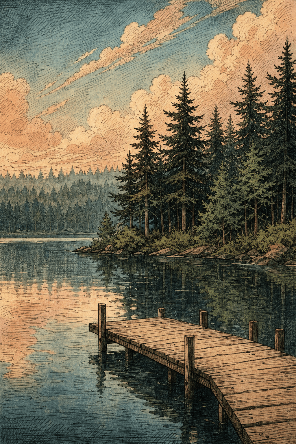 Wooden dock on a calm lake at sunset
