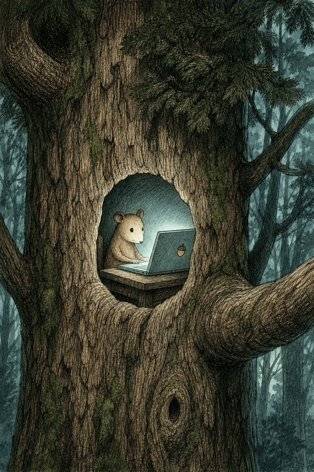 Small animal working on a laptop inside a tree hollow