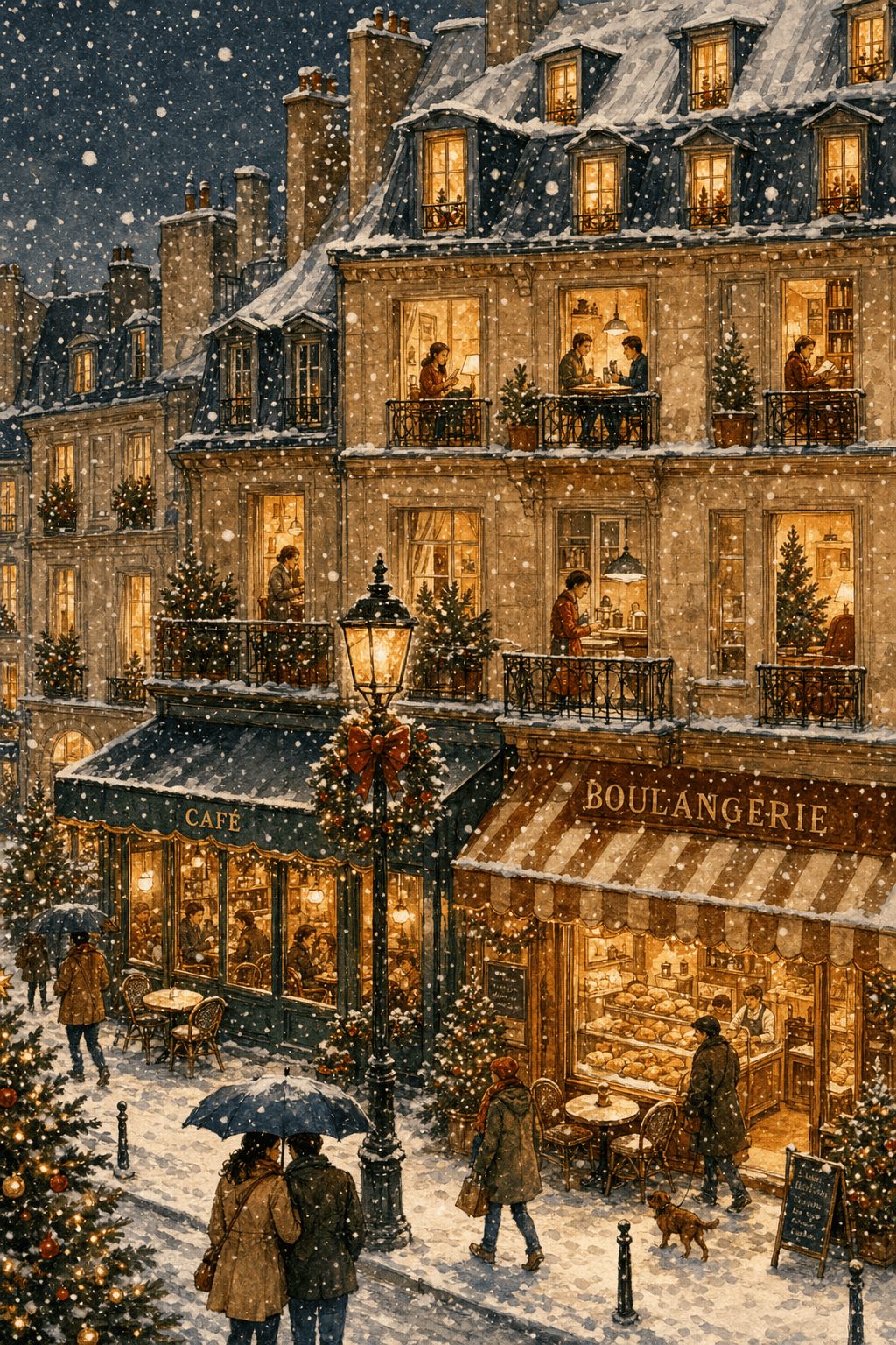 Snowy Parisian street corner with café and bakery at night — Group Benefits