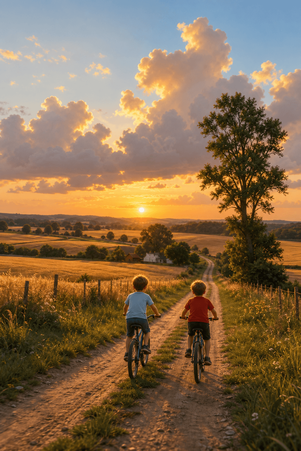 Two boys riding bicycles down a country path at sunset